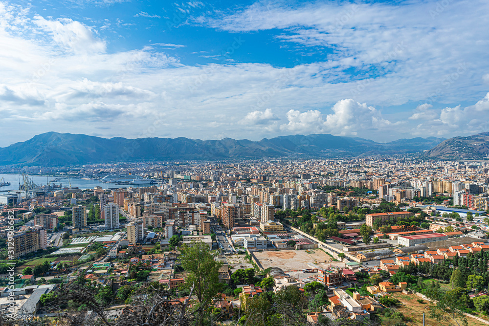 Palermo city and coastline, view from mountain. Italy, Sicily Palermo city and coastline, view from mountain. Italy, Sicily