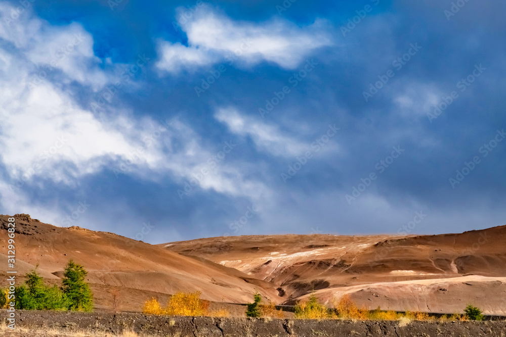 Landscape  geothermal area, nice blue and white sky, trees in forground, Northern Iceland