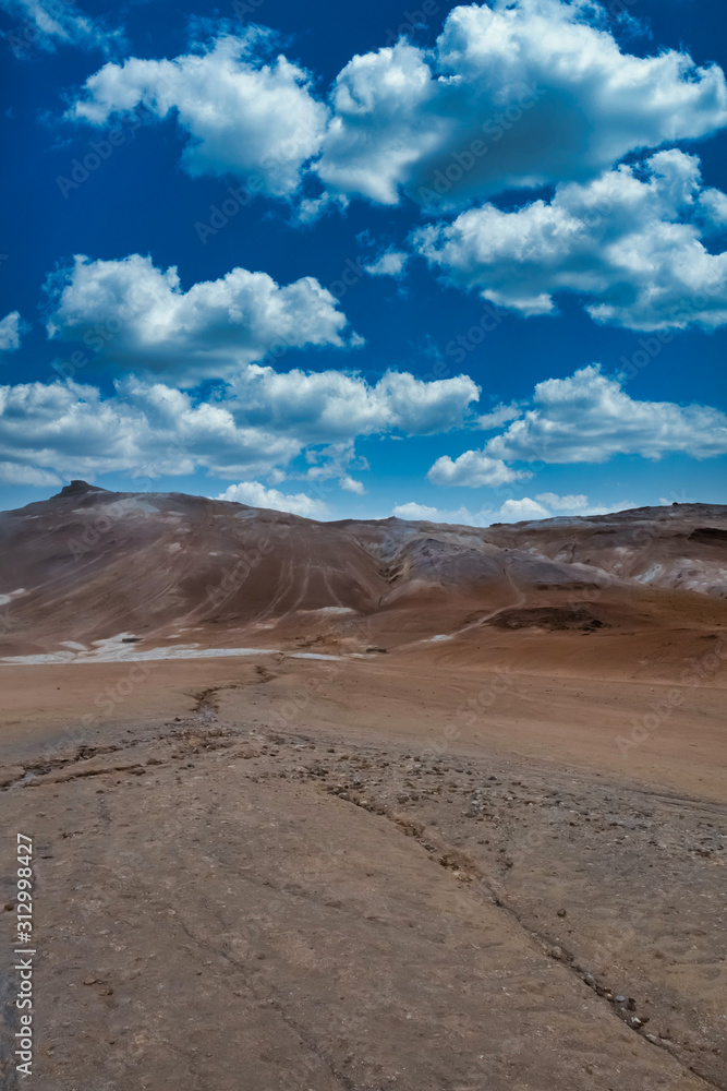 Lanscape vertical, in blue, white and brown colors, rocks in sand, Myvatn, Iceland 