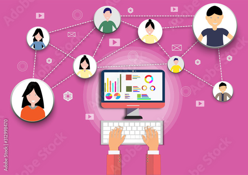 Hand use computer device with internet icons.He use program and connect on line.calling service,contact,technology,love,Vector communicate and flat design vector.
