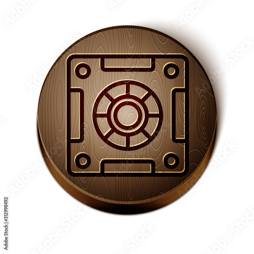 Brown line Safe icon isolated on white background. The door safe a bank vault with a combination lock. Reliable Data Protection. Wooden circle button. Vector Illustration