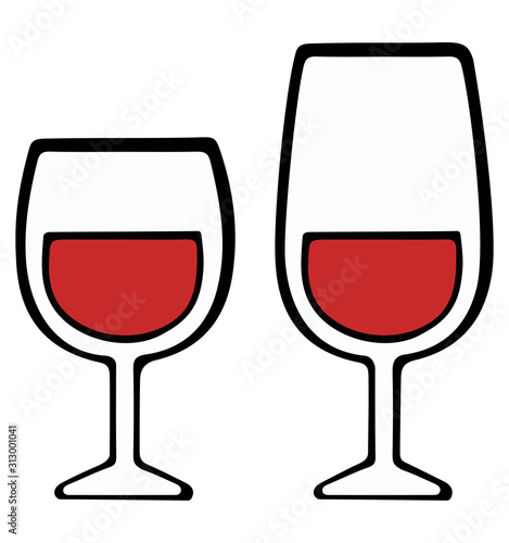 Two glasses with red wine. Pop Art. Retro style. Vector illustration. Isolated on a white background