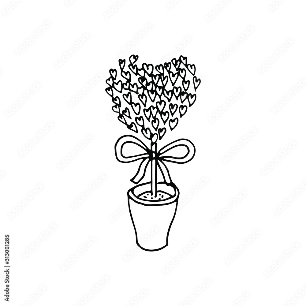 Heart-shaped tree in a pot. Birthday present, Valentine's day or wedding gift. Black outline isolated on a white background.