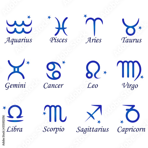 Set of twelve signs of the zodiac. Prediction of the future. Vector illustration. Isolated on white background