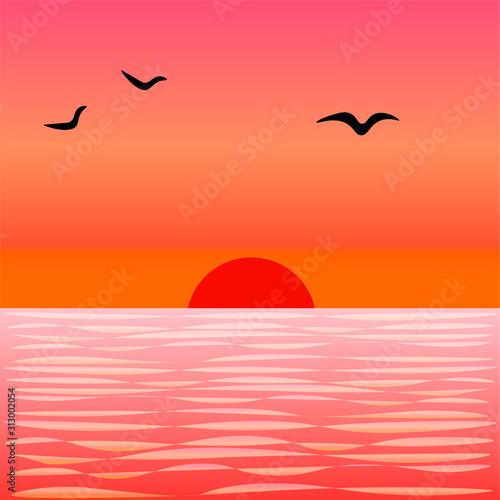 Beautiful sunset at sea, calm water and seagulls flying around