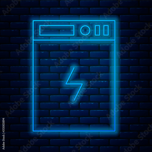 Glowing neon line Power bank icon isolated on brick wall background. Portable charging device. Vector Illustration
