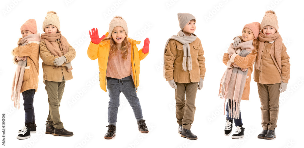 Fototapeta premium Set of children in winter clothes on white background
