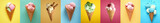 Collage with tasty ice-cream on color background