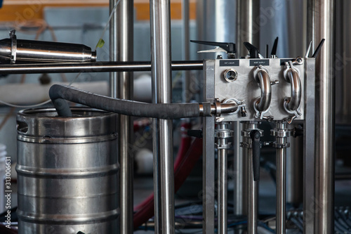 brewery piping, stainless steel ferrule elbow with tri clamp pipes fittings connections, metal beer barrel linked to Hot liqour source