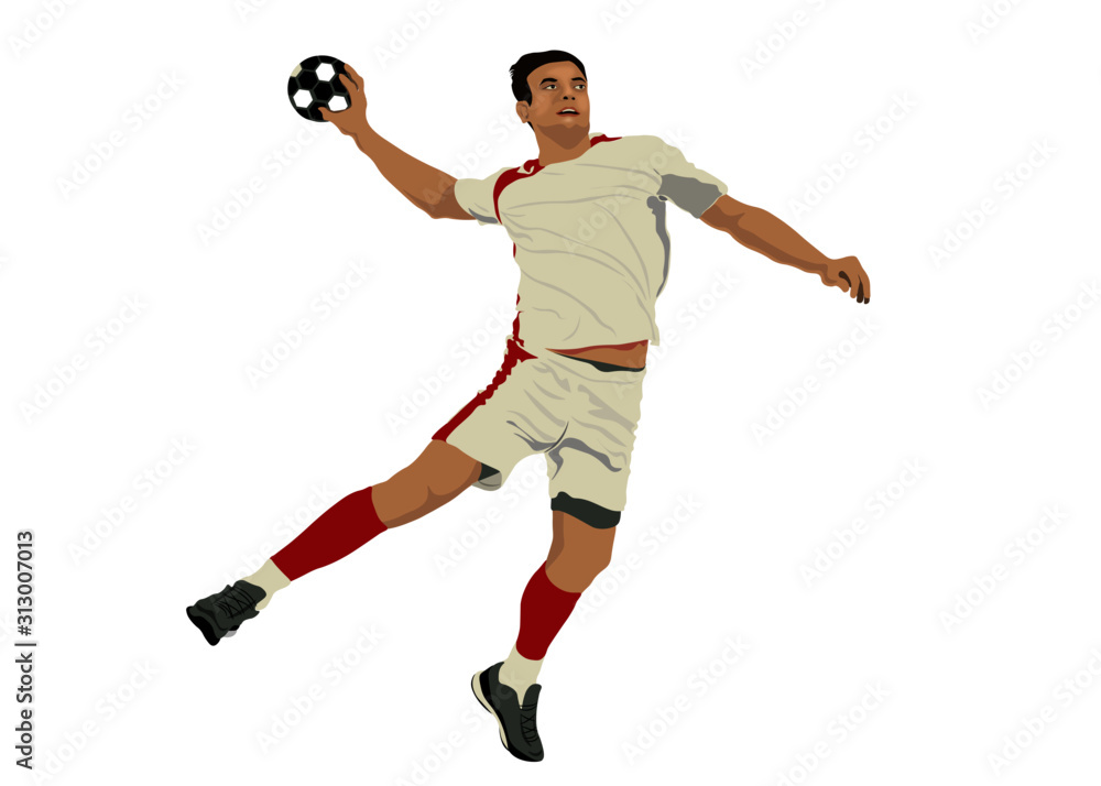 Player, men's handball, ball, jumping man with ball