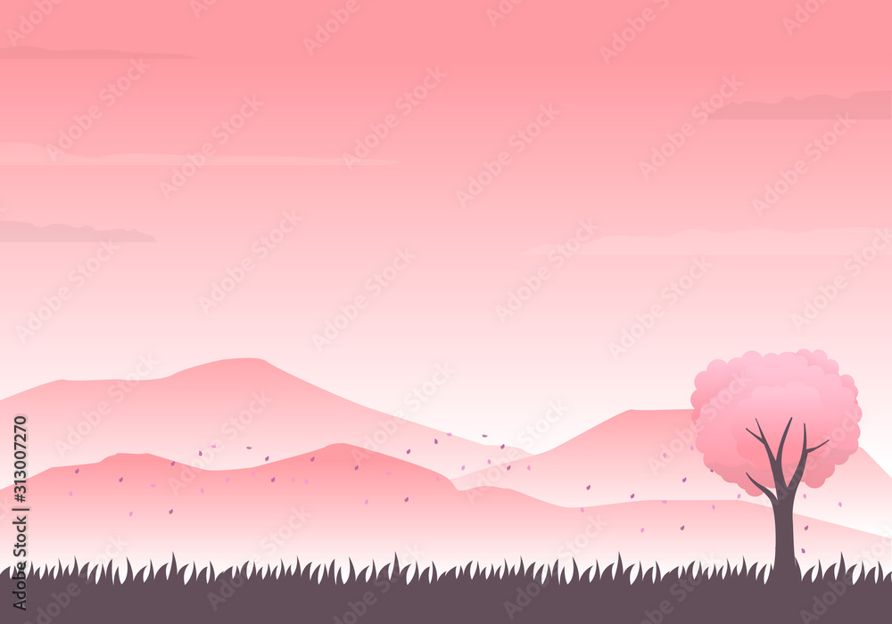 Mountain and tree landscape vector illustration with pink color pink