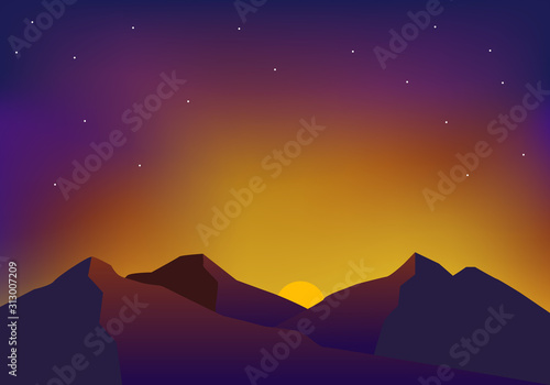 Beautiful sunset at mountain vector illustration with dark sky and stars. Minimalist sunset mountain landscape background 