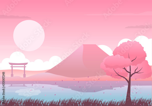 Pink japanese landscape vector illustration with fuji mountain, cherry blossom, lake and japanese gate - romantic pink japanese background © Muhamad
