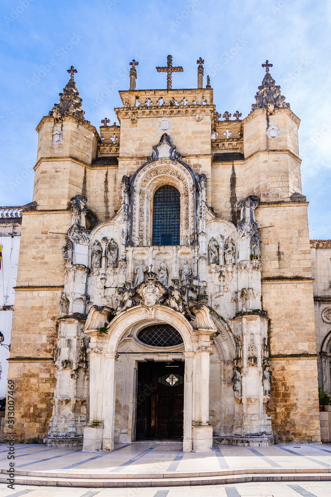 Baroque decorations on the facade entrance of the Santa Cruz Momastery in Coimbra, Portugal: