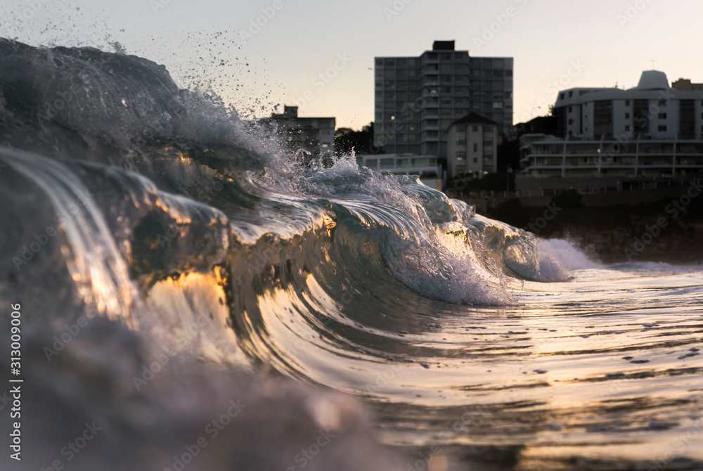 Splashing waves at sunrise, Sydney Australia
