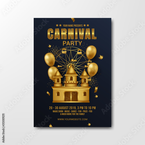carnival party flyer template with gold design on black background vector