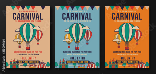 set of carnival party flyer template retro design vector