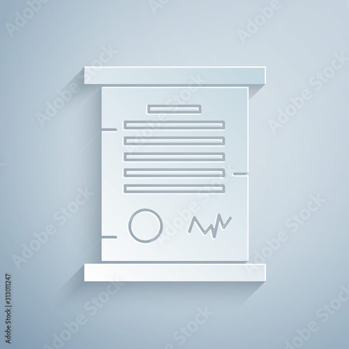Paper cut Decree, paper, parchment, scroll icon icon isolated on grey background. Paper art style. Vector Illustration