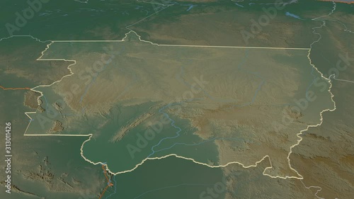 Mato Grosso, state with its capital, zoomed and extruded on the relief map of Brazil in the conformal Stereographic projection. Animation 3D
