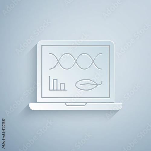 Paper cut Genetic engineering modification on laptop icon isolated on grey background. DNA analysis, genetics testing, cloning. Paper art style. Vector Illustration