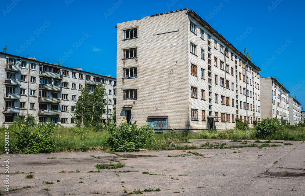 Old residential building Skrunda 1 abandoned Soviet military town and radar station located in Courland region, Latvia Old residential building Skrunda 1 abandoned Soviet military town and radar station located in Courland region, Latvia