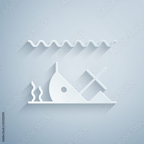 Paper cut Sunken ship at the bottom of the sea icon isolated on grey background. Paper art style. Vector Illustration