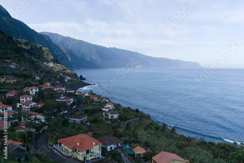 View of beautiful mountains and ocean on northern coast Madeira island, Portugal