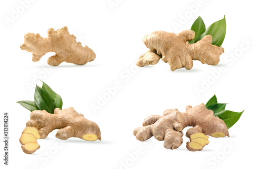 Set of ginger root ,slice and leaves isolated on white background