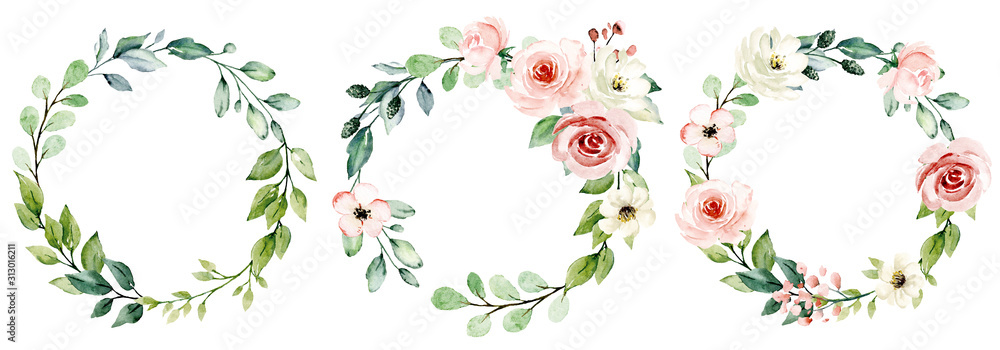 Obraz Wreaths, floral frames, watercolor flowers pink roses, Illustration hand painted. Isolated on white background. Perfectly for greeting card design.