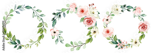 Obraz na płótnie Wreaths, floral frames, watercolor flowers pink roses, Illustration hand painted. Isolated on white background. Perfectly for greeting card design.