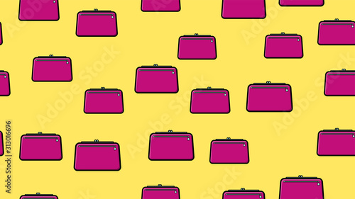 Endless seamless pattern of beautiful beauty items of female glamorous fashion accessories handbags and clutches on a yellow background. Vector illustration