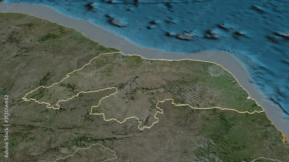 Rio Grande do Norte, state with its capital, zoomed and extruded on the satellite map of Brazil in the conformal Stereographic projection. Animation 3D Rio Grande do Norte, state with its capital, zoomed and extruded on the satellite map of Brazil in the conformal Stereographic projection. Animation 3D