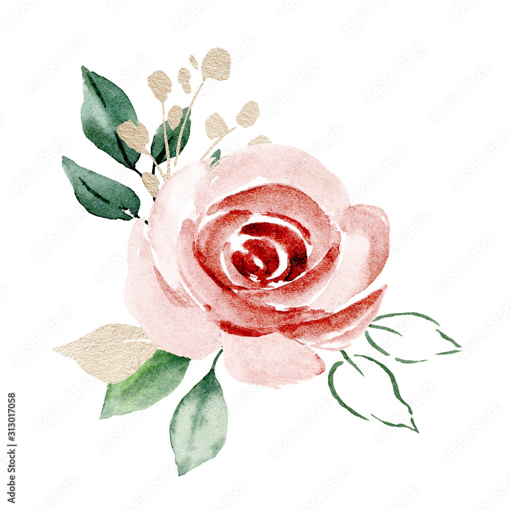 Pink flower bouquet watercolor, floral clip art. Blush roses perfectly