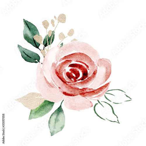 Pink flower bouquet watercolor, floral clip art. Blush roses perfectly for printing design on invitations, cards, wall art and other. Vintage illustration Isolated on white background. Hand painting. 