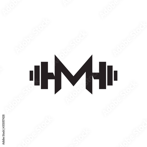 Gym fitness barbell logo icon with initial letter M graphic element