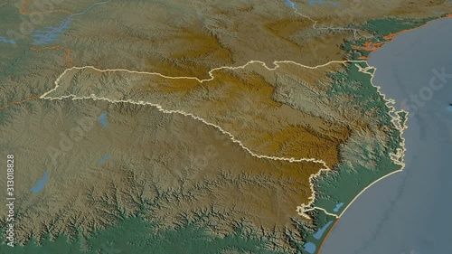Santa Catarina, state with its capital, zoomed and extruded on the relief map of Brazil in the conformal Stereographic projection. Animation 3D
