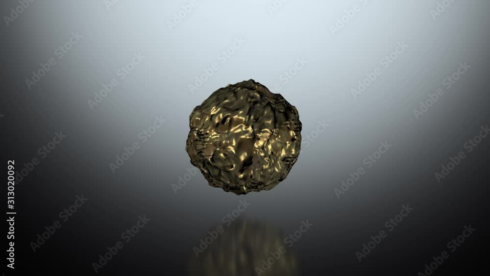 Ball of molten or melted gold hovering over a reflective surface - realistic animation with copy space Ball of molten or melted gold hovering over a reflective surface - realistic animation with copy space