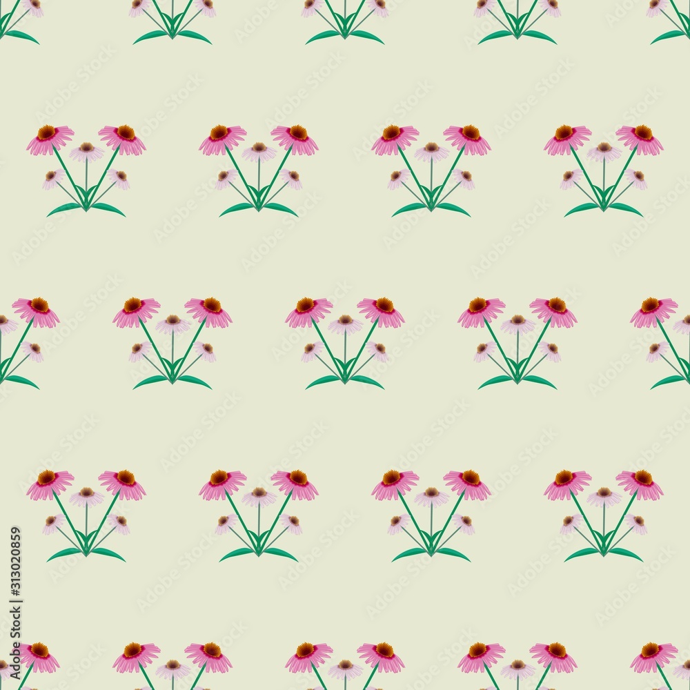 The vector seamless pattern. Cute purple coneflower pattern. Vector for wallpaper, child apron, fabric, textile pattern. Endless print. Background illustration vector. The vector seamless pattern. Cute purple coneflower pattern. Vector for wallpaper, child apron, fabric, textile pattern. Endless print. Background illustration vector.
