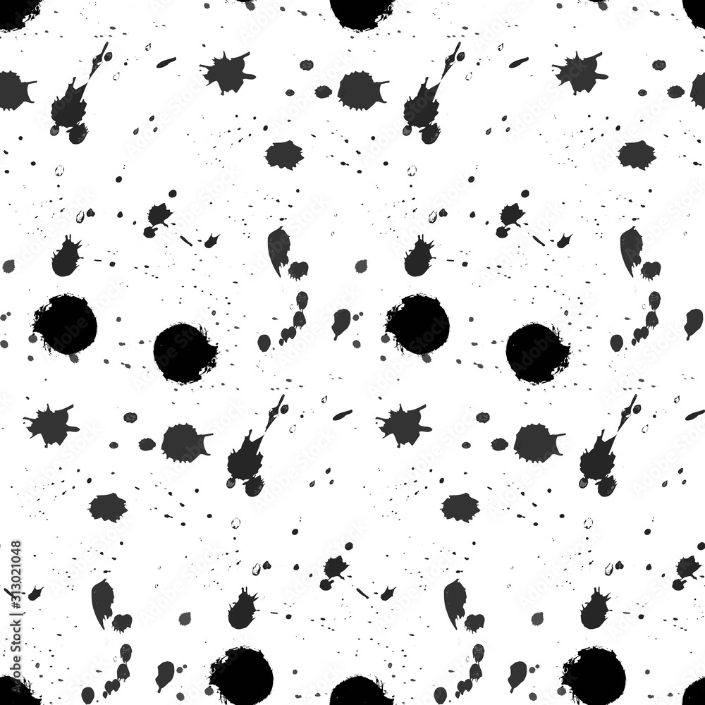 The vector seamless pattern. Cute black ink splatter pattern. Vector for wallpaper, child apron, fabric, textile pattern. Endless print. Background illustration vector. The vector seamless pattern. Cute black ink splatter pattern. Vector for wallpaper, child apron, fabric, textile pattern. Endless print. Background illustration vector.
