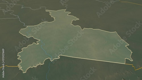 Centre-Est, region with its capital, zoomed and extruded on the relief map of Burkina Faso in the conformal Stereographic projection. Animation 3D photo