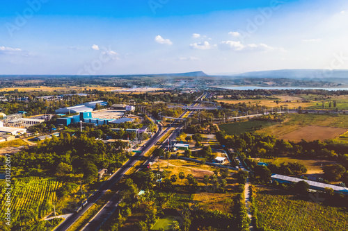 Aerial view from drone of road, Mittraphap road, Nakhon Ratchasima, Thailand