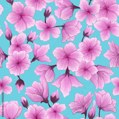 Vector seamless pattern with hand drawn illustration of sakura flower with watercolor imitation. Romantic japanese cherry repeater background. Spring background with sakura flower.