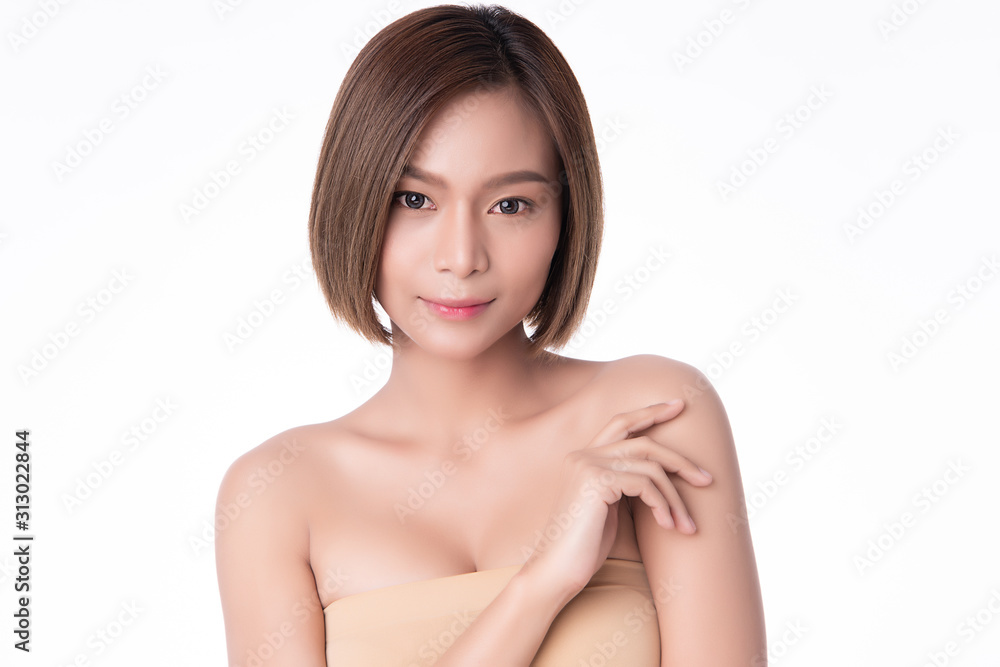 Beautiful Young Asian Woman with Clean Fresh Skin. Face care, Facial treatment, on white background, Beauty and Cosmetics Concept. Beautiful Young Asian Woman with Clean Fresh Skin. Face care, Facial treatment, on white background, Beauty and Cosmetics Concept.