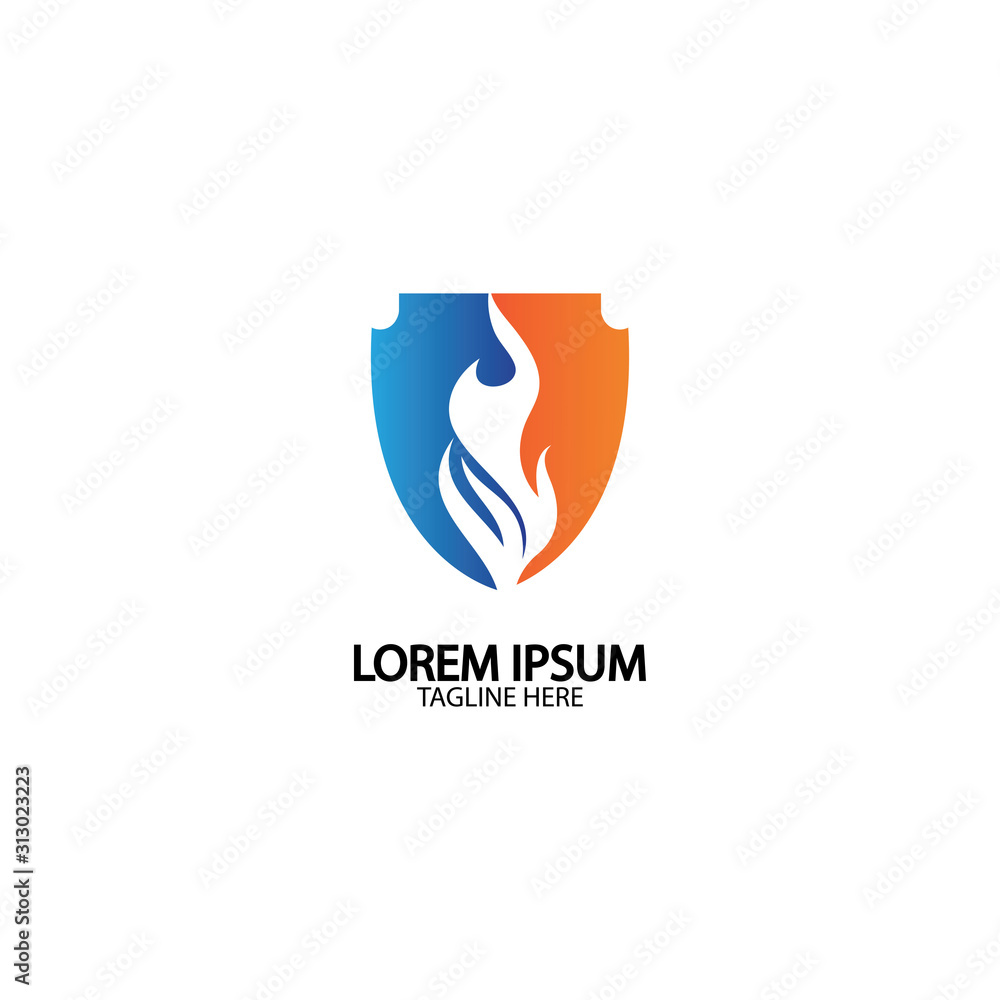 Fire shield logo design element. Fire warning sign shield. Fire flame vector illustration on white background Fire shield logo design element. Fire warning sign shield. Fire flame vector illustration on white background