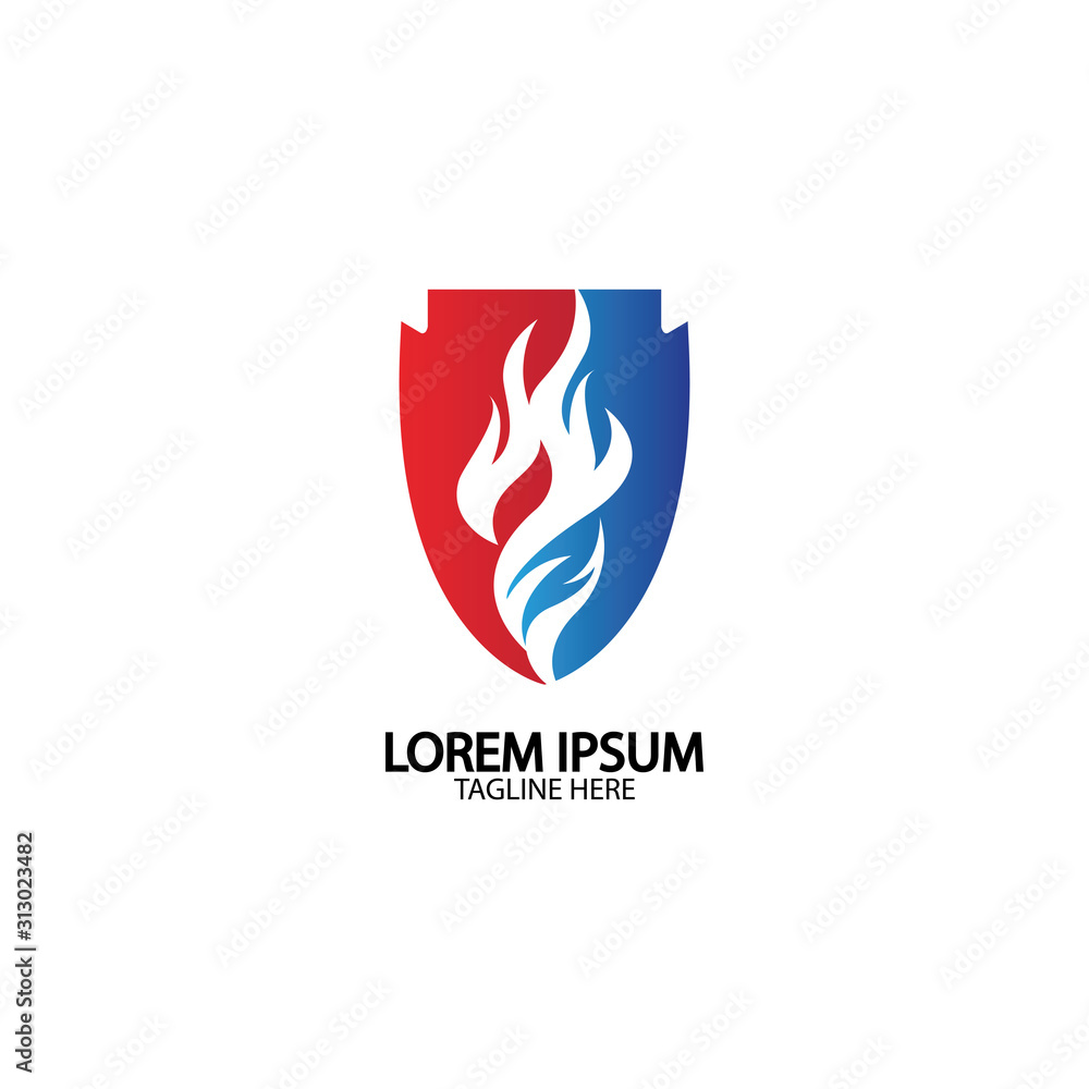 Fire shield logo design element. Fire warning sign shield. Fire flame vector illustration on white background Fire shield logo design element. Fire warning sign shield. Fire flame vector illustration on white background