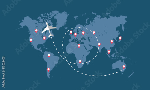 World map with airplane, air plane flight route.