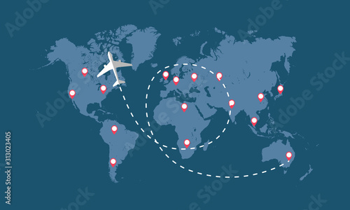 World map with airplane  air plane flight route.
