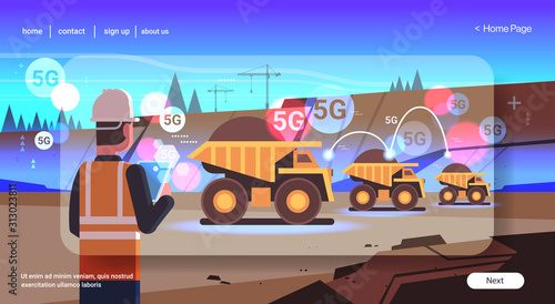open pit man using tablet controlling dumper trucks 5G online wireless system connection coal mine production opencast stone quarry background rear view portrait horizontal vector illustration