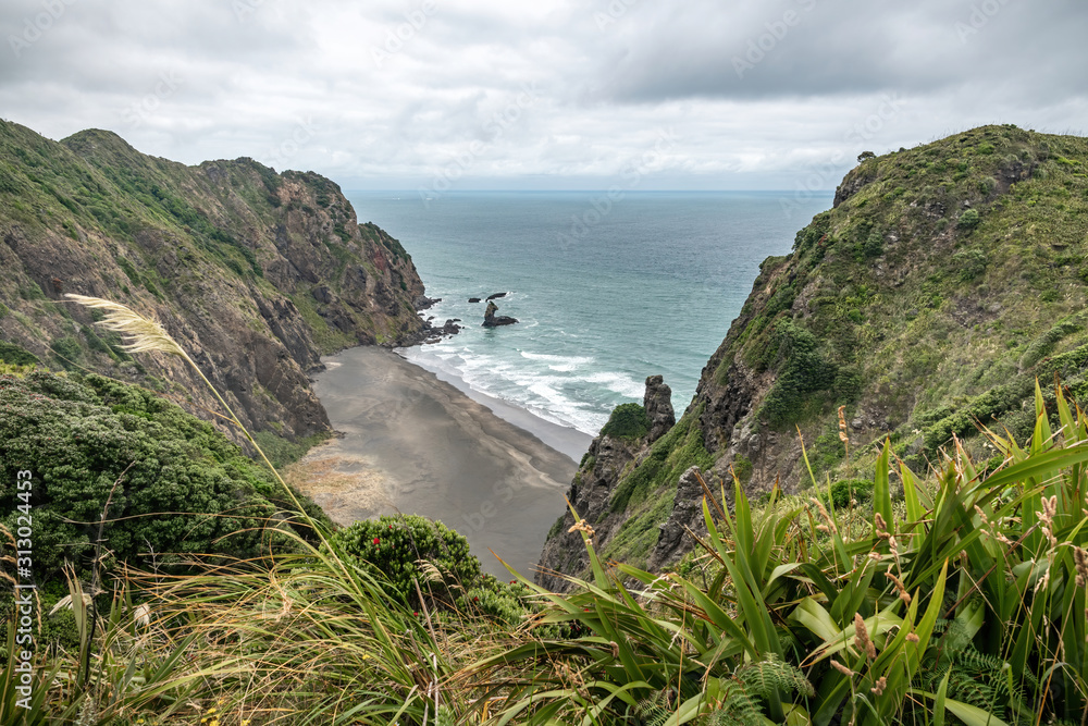 Wide-angle view of Mercer Bay from Comans Track at Karekare on cloudy summer day