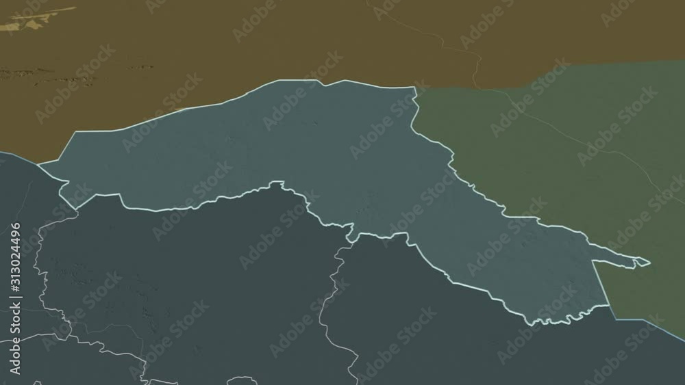 Sahel, region with its capital, zoomed and extruded on the administrative map of Burkina Faso in the conformal Stereographic projection. Animation 3D Sahel, region with its capital, zoomed and extruded on the administrative map of Burkina Faso in the conformal Stereographic projection. Animation 3D